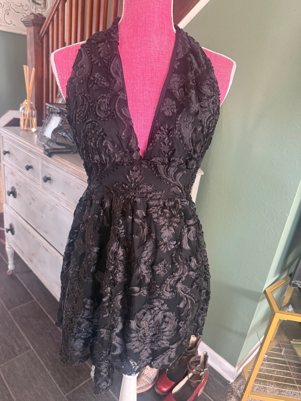 Fashion Nova Black Embroidered Halter Mini Dress